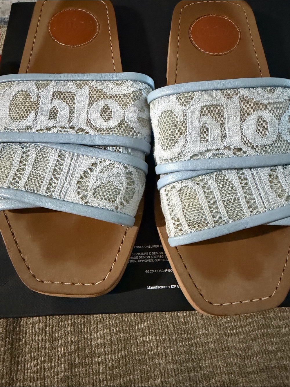 Chloe Light Blue Lace Logo Slide Sandals